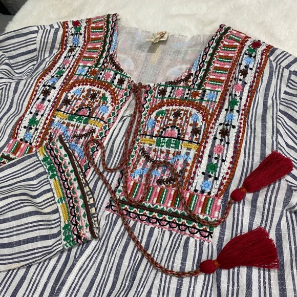 RAGA Tops - Raga Embroidered Open Front Striped Tassel Cardigan‎ Top Boho Bohemian